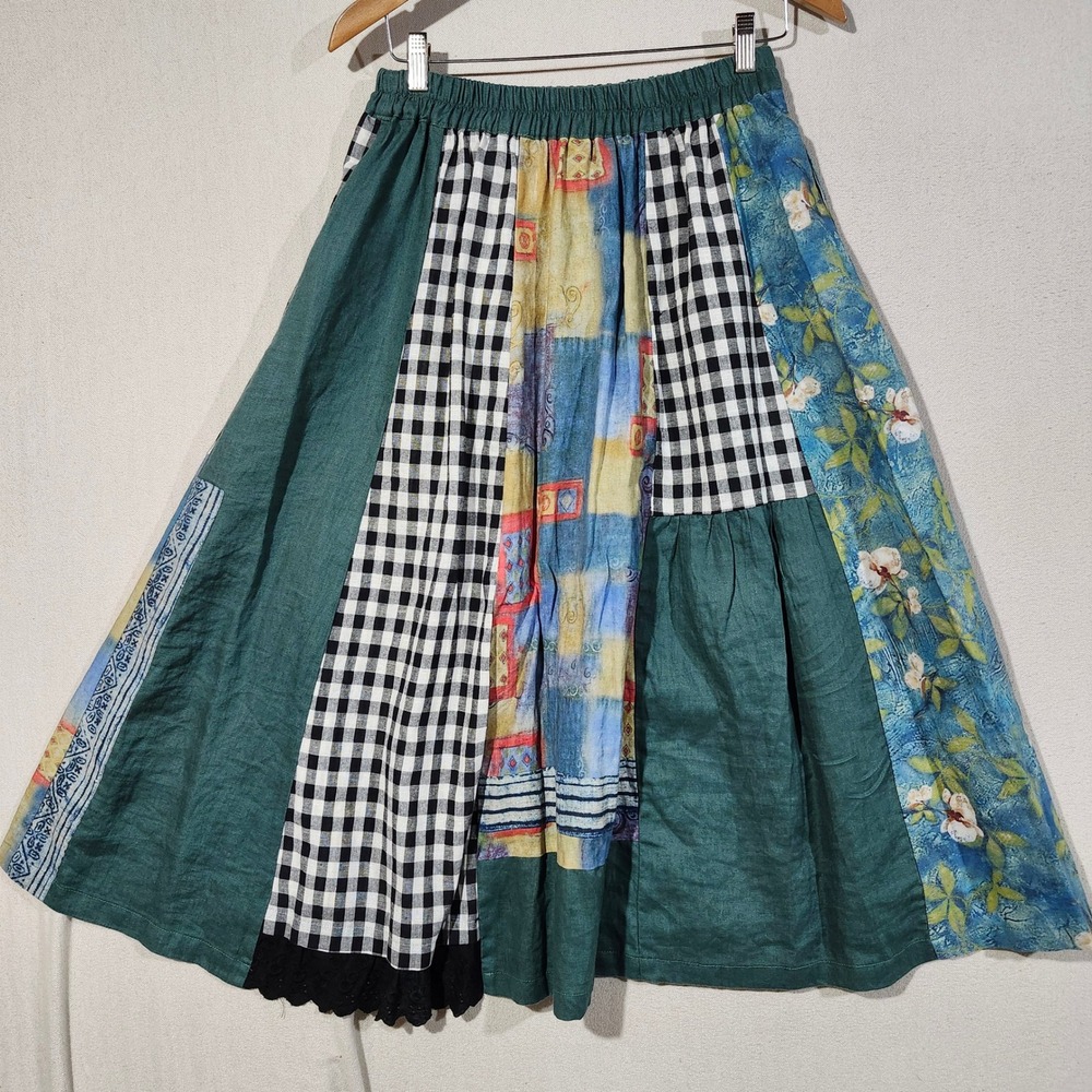 BUYKUD Womens Patchwork Linen Midi Skirt Teal Blue Gingham Floral Pockets L Boho